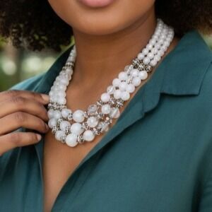Vintage‎ White Lucite Bead Multi Strand Necklace•Mid Century Mad Men Bridal Glam